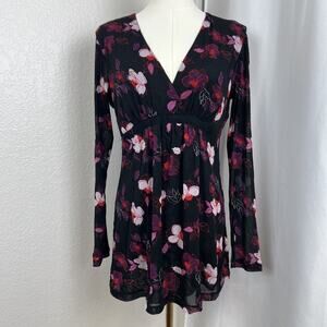 VTG New York & Co Top Womens Medium Black Floral Mesh Babydoll Fairy Y2K Gothic